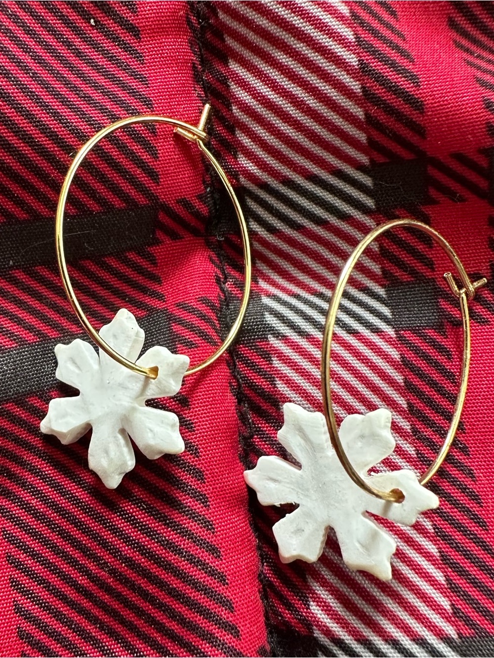 Gold Hoop Earrings with White Snowflake
